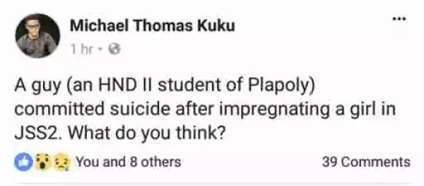 Plateau State Polytechnic Student Commits Suicide After Impregnating A JSS2 Girl